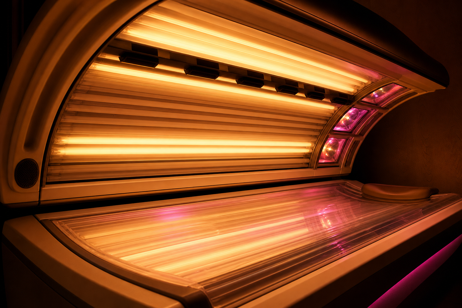 Commercial sunbed lamps glowing in salon lighting